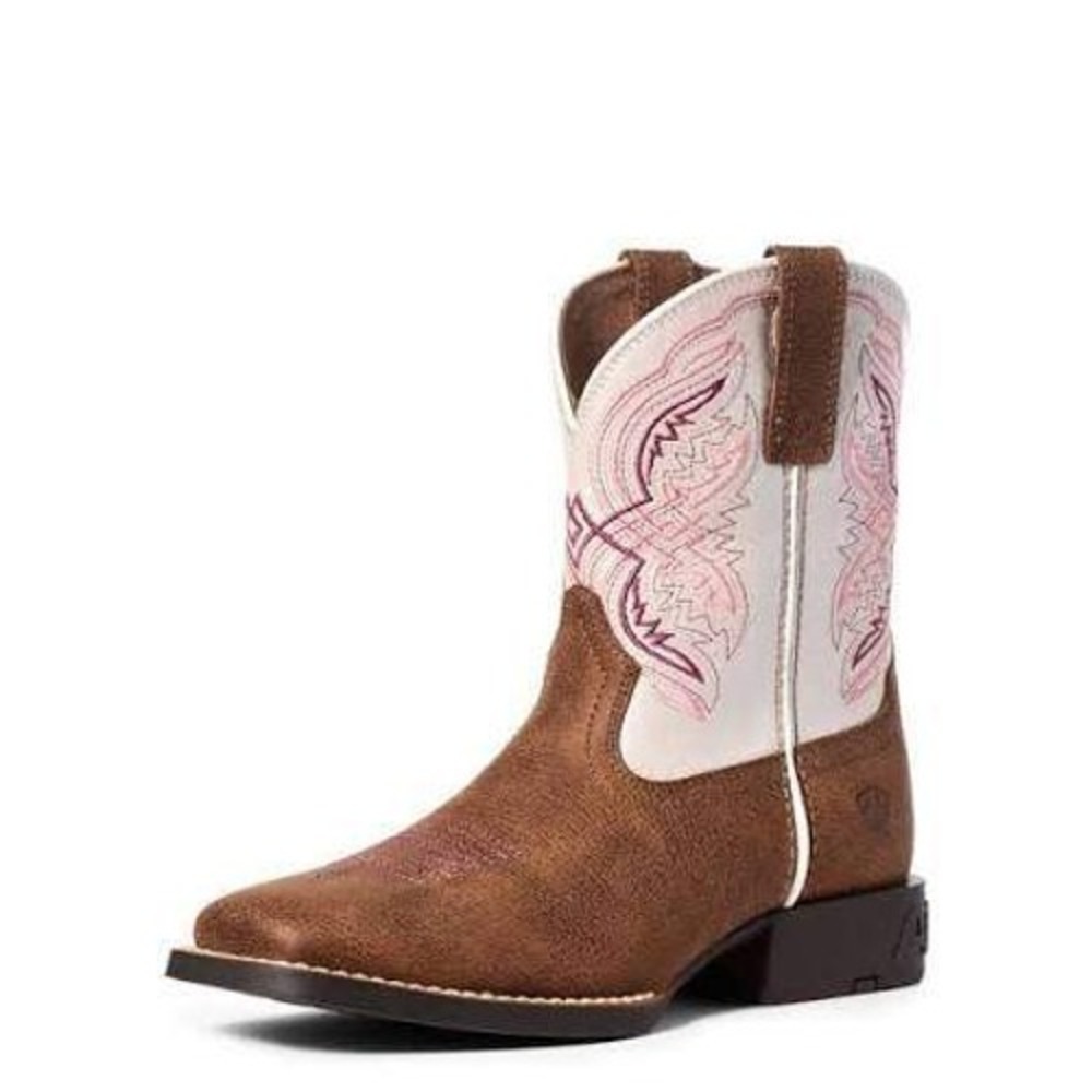 Ariat Girls Double Kicker Western Boot  2 Square Toe Brown Pink Cowgirl Leather
